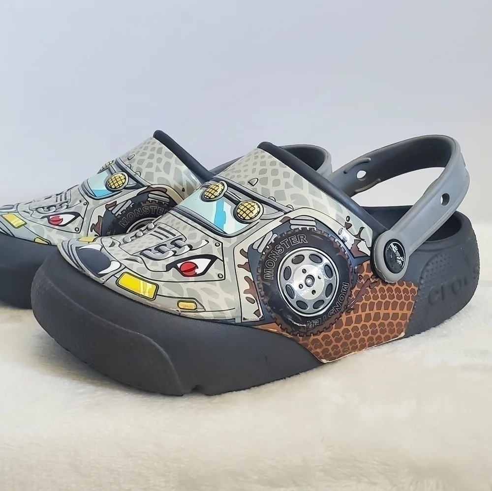 CROCS Funlab Monster Truck LED Light Gray Slip On Clogs Size Jr 3